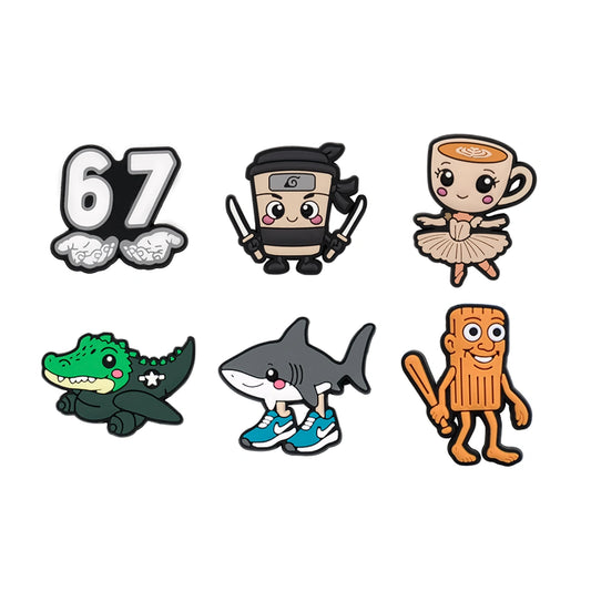 Set of cartoon character pins on a white background