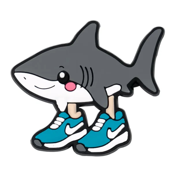 shark wearing 2 blue Nike shoes