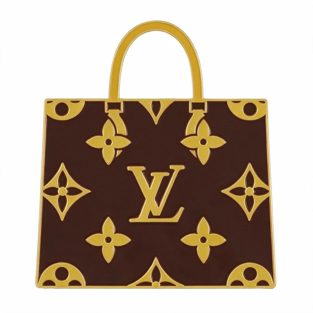 Louis Vuitton monogram canvas handbag in dark brown and gold, featuring the iconic LV logo and floral motifs, with a gold top handle, shown against a plain white background.