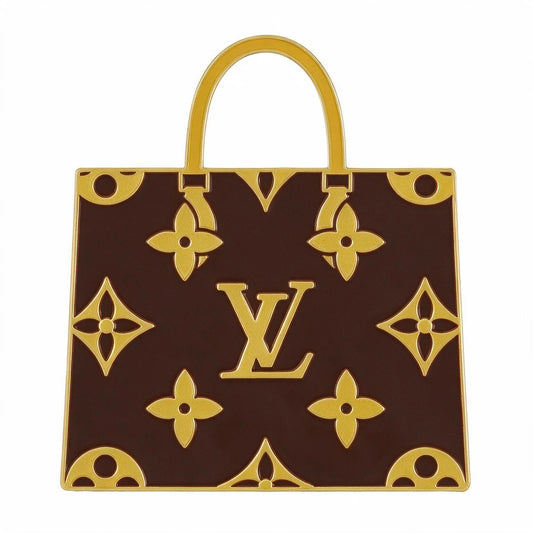 Louis Vuitton monogram canvas handbag in dark brown and gold, featuring the iconic LV logo and floral motifs, with a gold top handle, shown against a plain white background.
