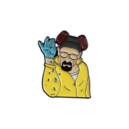 Enamel pin of a character in a yellow lab coat with a blue glove on a white background