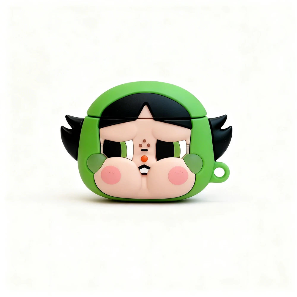Green and black character-shaped product on a white background