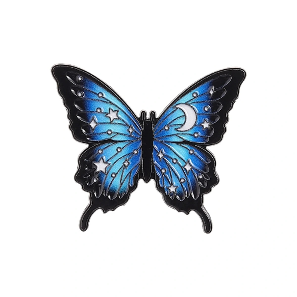 A butterfly-shaped enamel pin with vibrant blue wings decorated with silver stars and a crescent moon, outlined in black, on a solid white background.