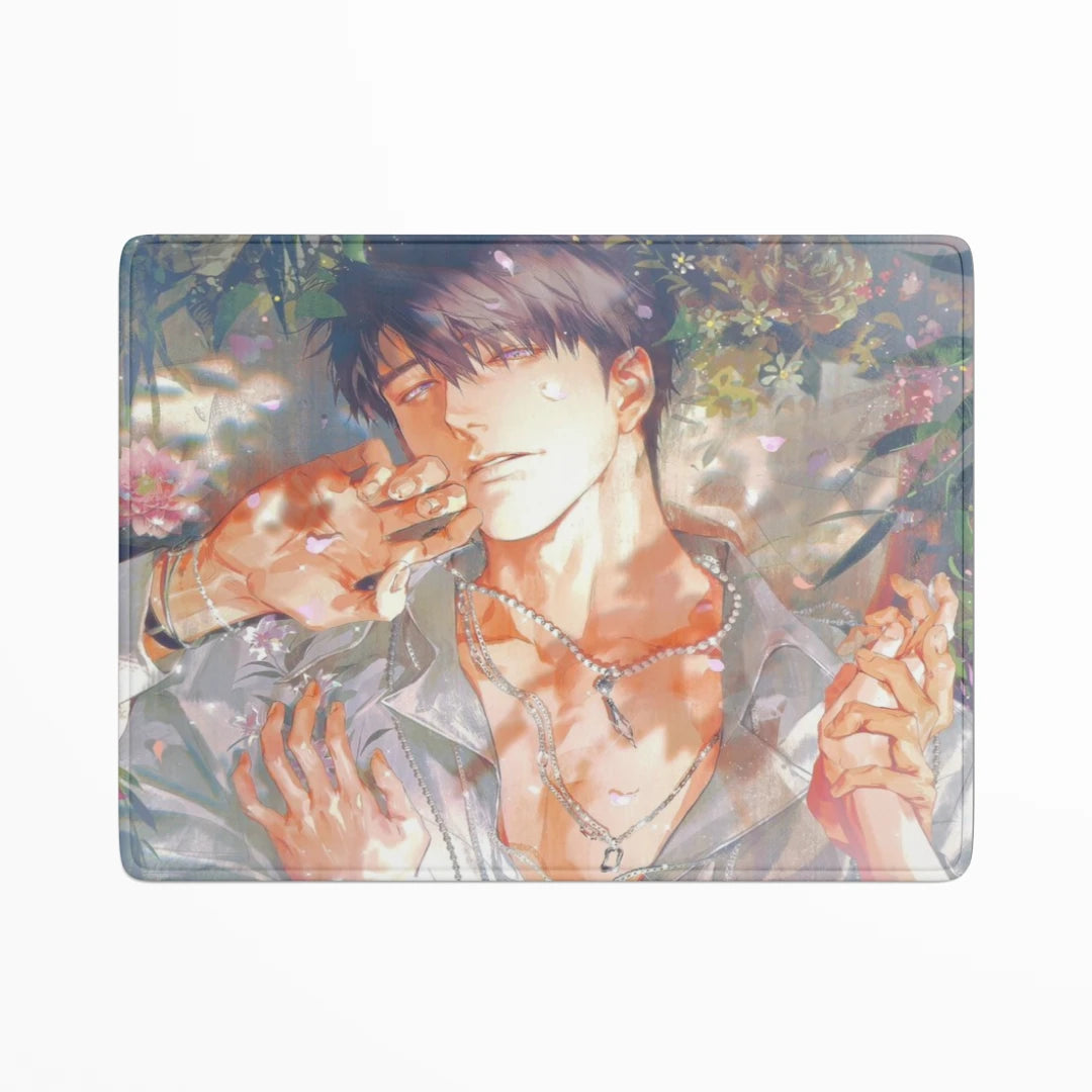 Illustration of two people embracing with a cat, surrounded by flowers and leaves.