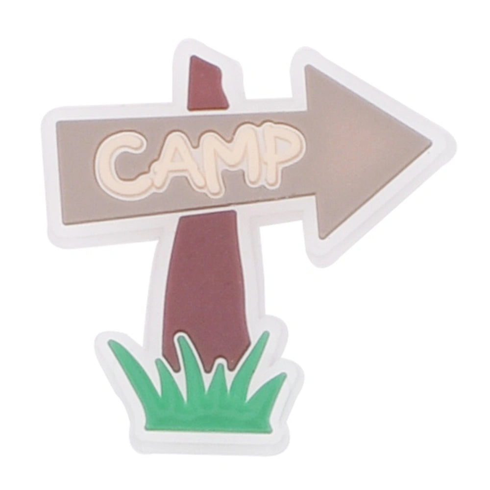 Sign with an arrow pointing to 'camp' on a white background