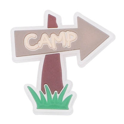 Sign with an arrow pointing to 'camp' on a white background