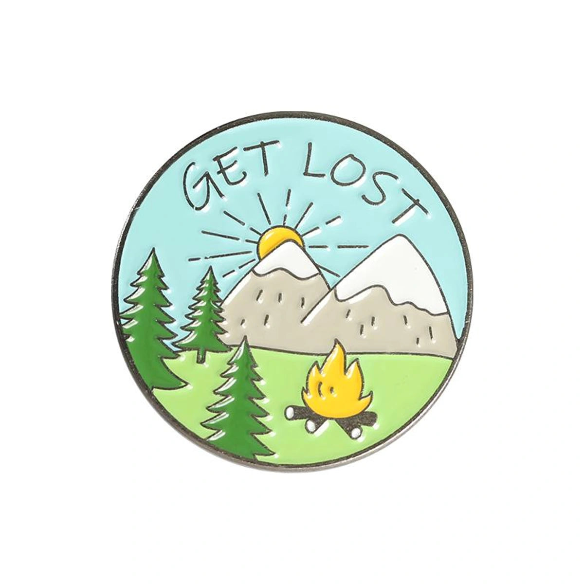 Round enamel pin with mountain, trees, campfire, and 'Get Lost' text on a white background