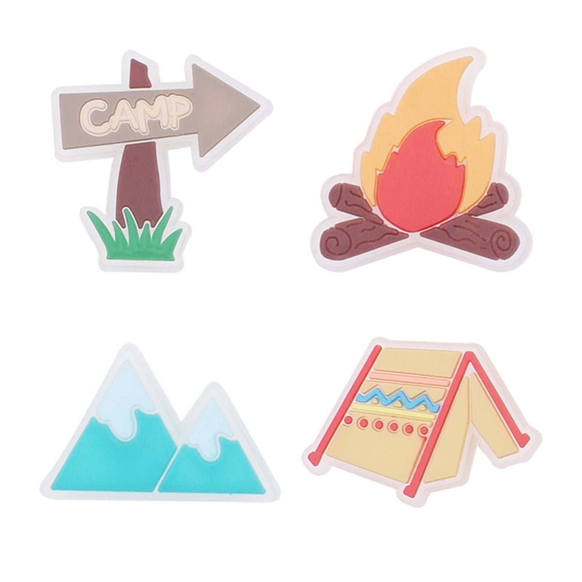 Set of four camping-themed stickers on a white background