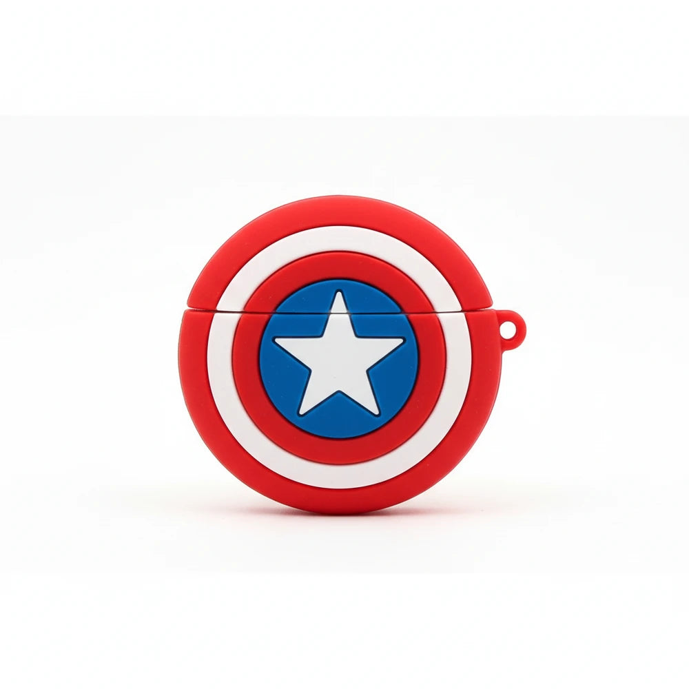 Red, white, and blue circular object with a star in the center on a white background