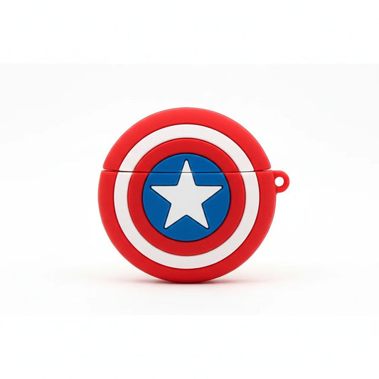 Red, white, and blue circular object with a star in the center on a white background
