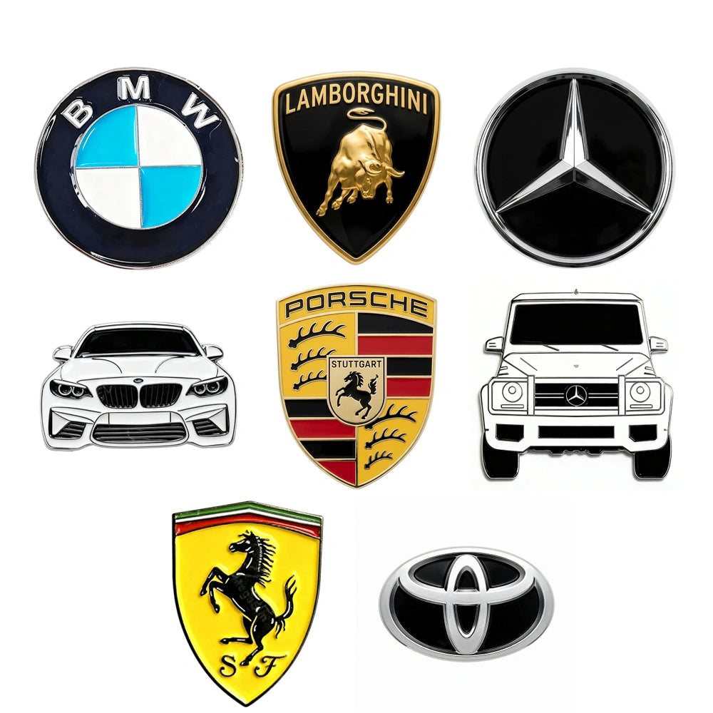 A collage of 8 automotive-themed emblem and logo designs on a plain white background, including BMW, Lamborghini, Mercedes-Benz, Porsche, Ferrari, and Toyota logos, plus front car illustrations.