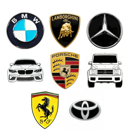 A collage of 8 automotive-themed emblem and logo designs on a plain white background, including BMW, Lamborghini, Mercedes-Benz, Porsche, Ferrari, and Toyota logos, plus front car illustrations.