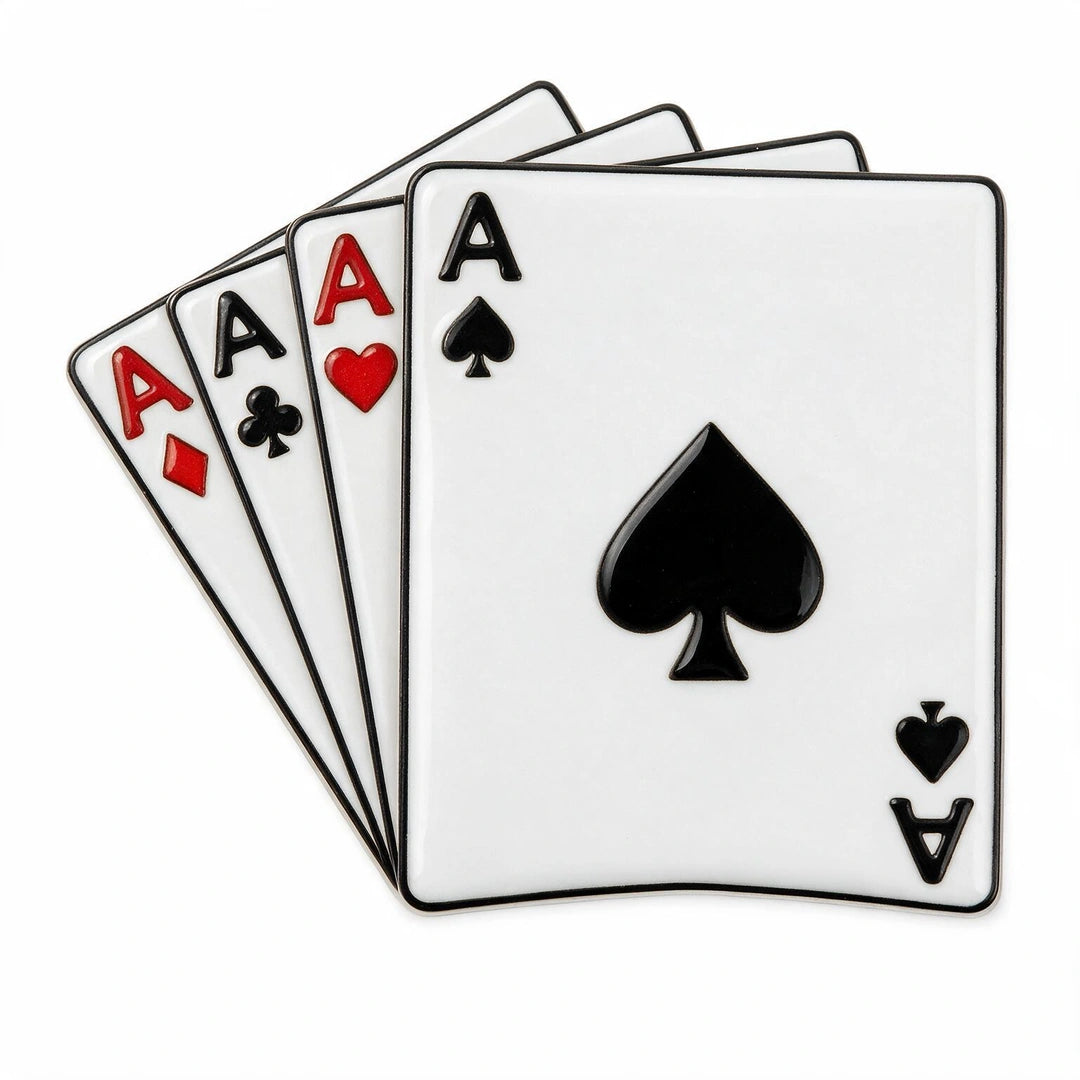 Four playing cards fanned out, showing the Ace of Spades most prominently in the foreground with red Ace of Diamonds, Ace of Clubs, and Ace of Hearts behind it on a white background.