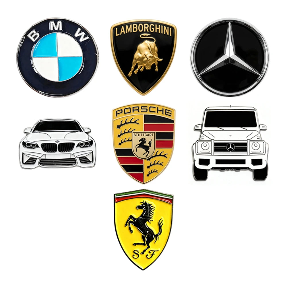 Logos of various car brands including BMW, Lamborghini, Mercedes-Benz, Porsche, and Ferrari on a white background.