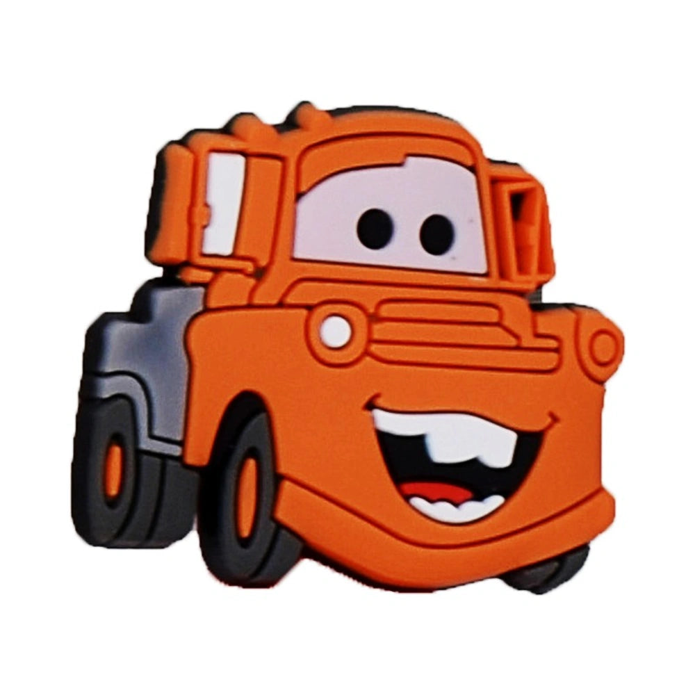 Cartoon character toy figure of a orange truck with a happy expression on a white background