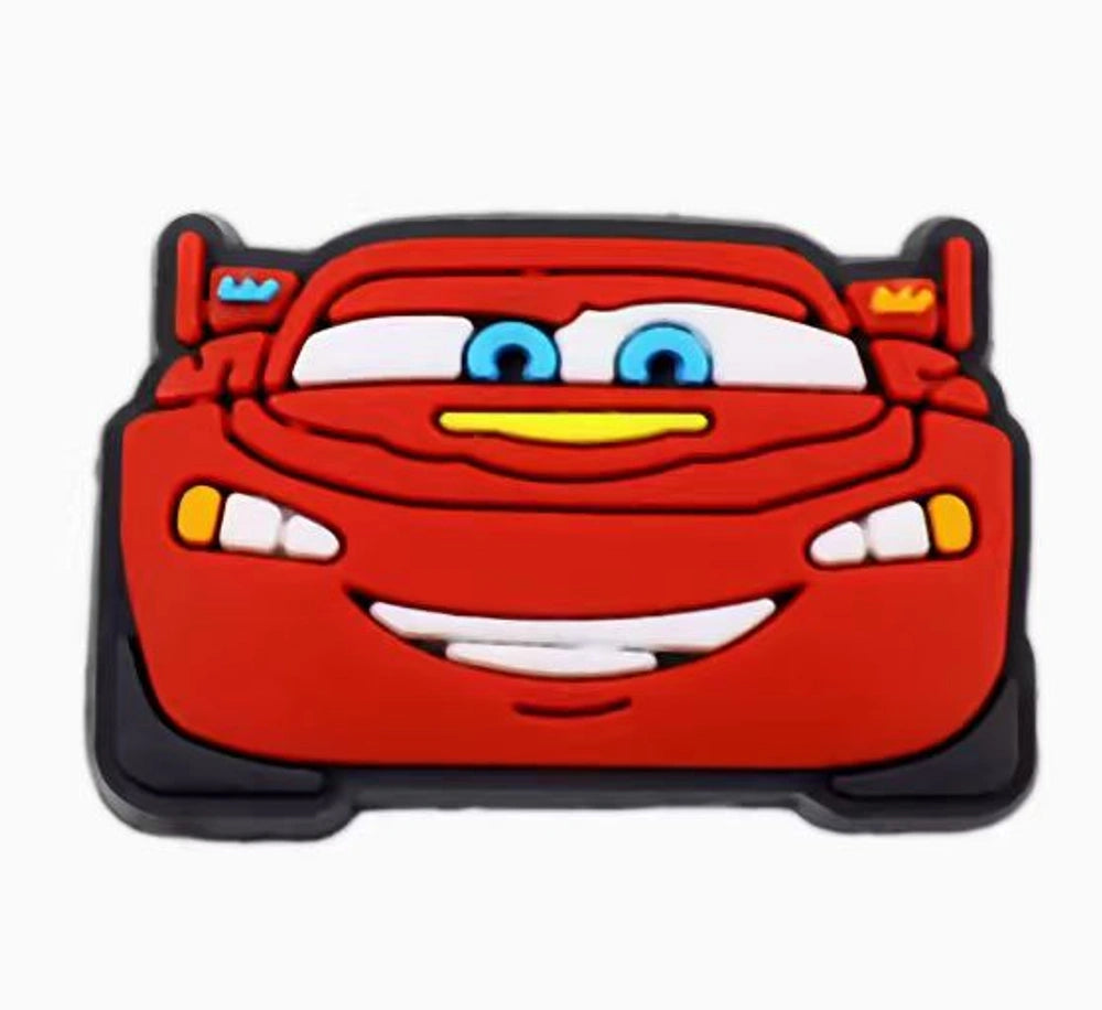 Red cartoon car with a smiling face on a white background