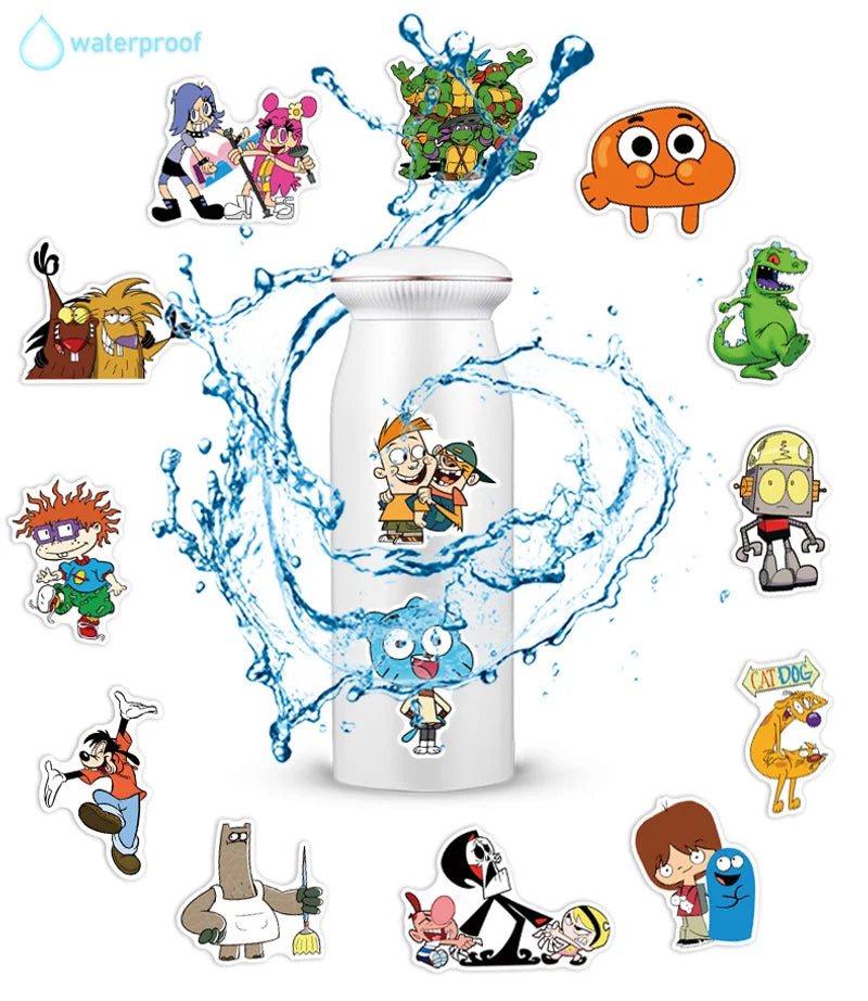White water bottle with cartoon character designs surrounded by water splashes on a white background.