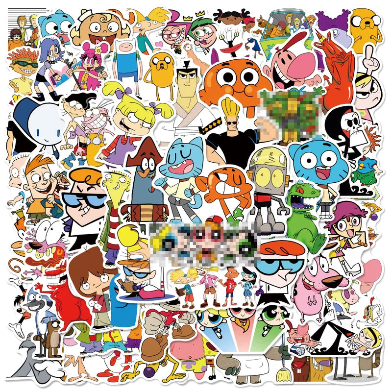 Collection of colorful cartoon character stickers on a white background
