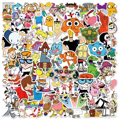 Collection of colorful cartoon character stickers on a white background