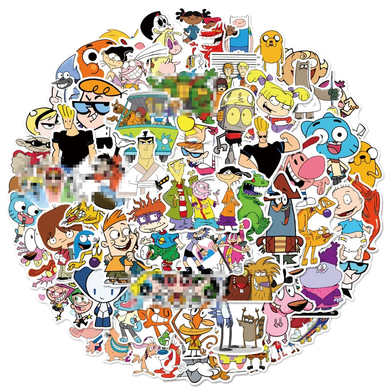 Collection of various cartoon character stickers on a white background