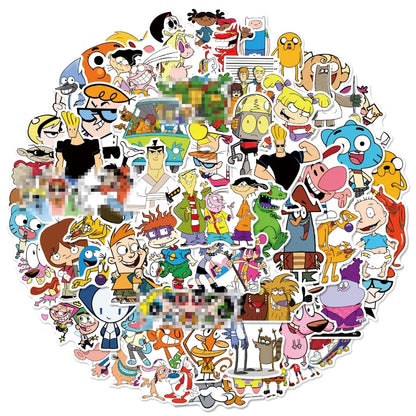Collection of various cartoon character stickers on a white background