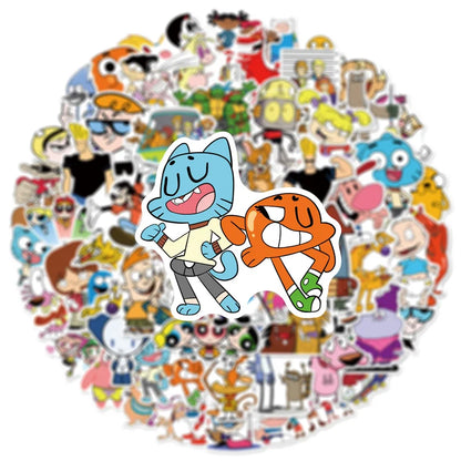 Collection of colorful cartoon stickers featuring various characters on a white background.