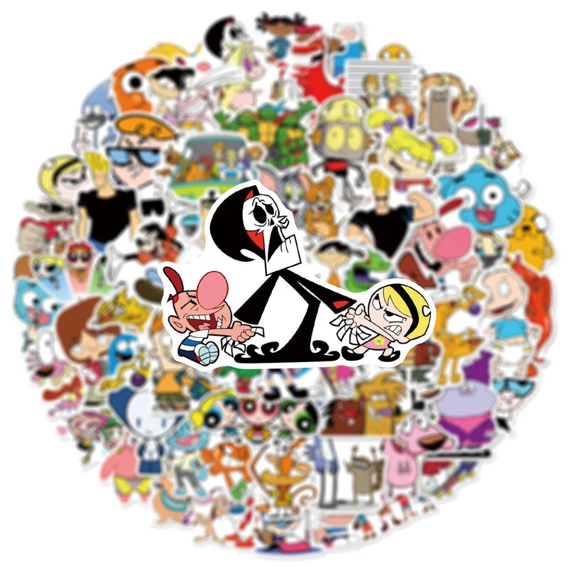 Collection of cartoon stickers featuring various characters in a circular arrangement.