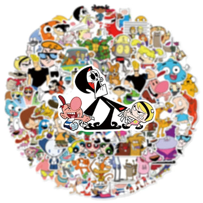 Collection of cartoon stickers featuring various characters in a circular arrangement.