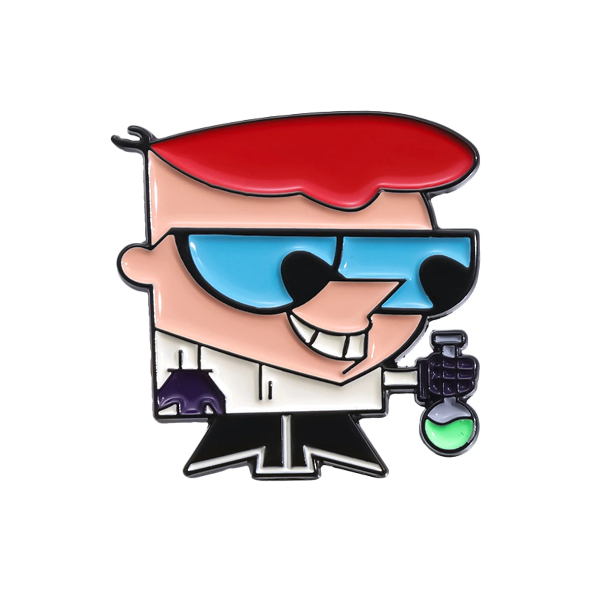 A cartoon enamel pin of a scientist character with red hair, blue sunglasses, a white lab coat, and a small green flask, shown on a plain white background.