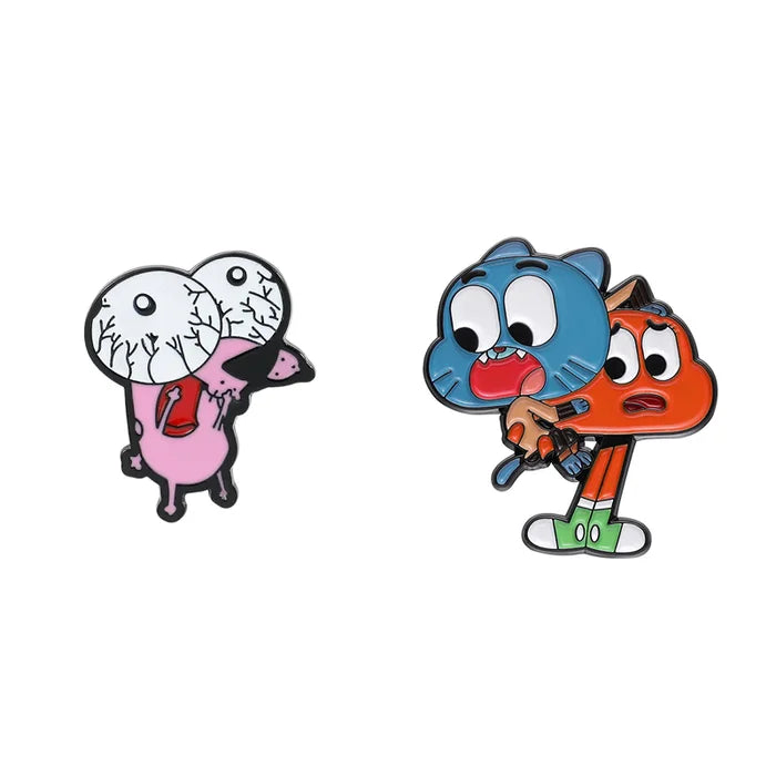 Two cartoon character pins on a white background
