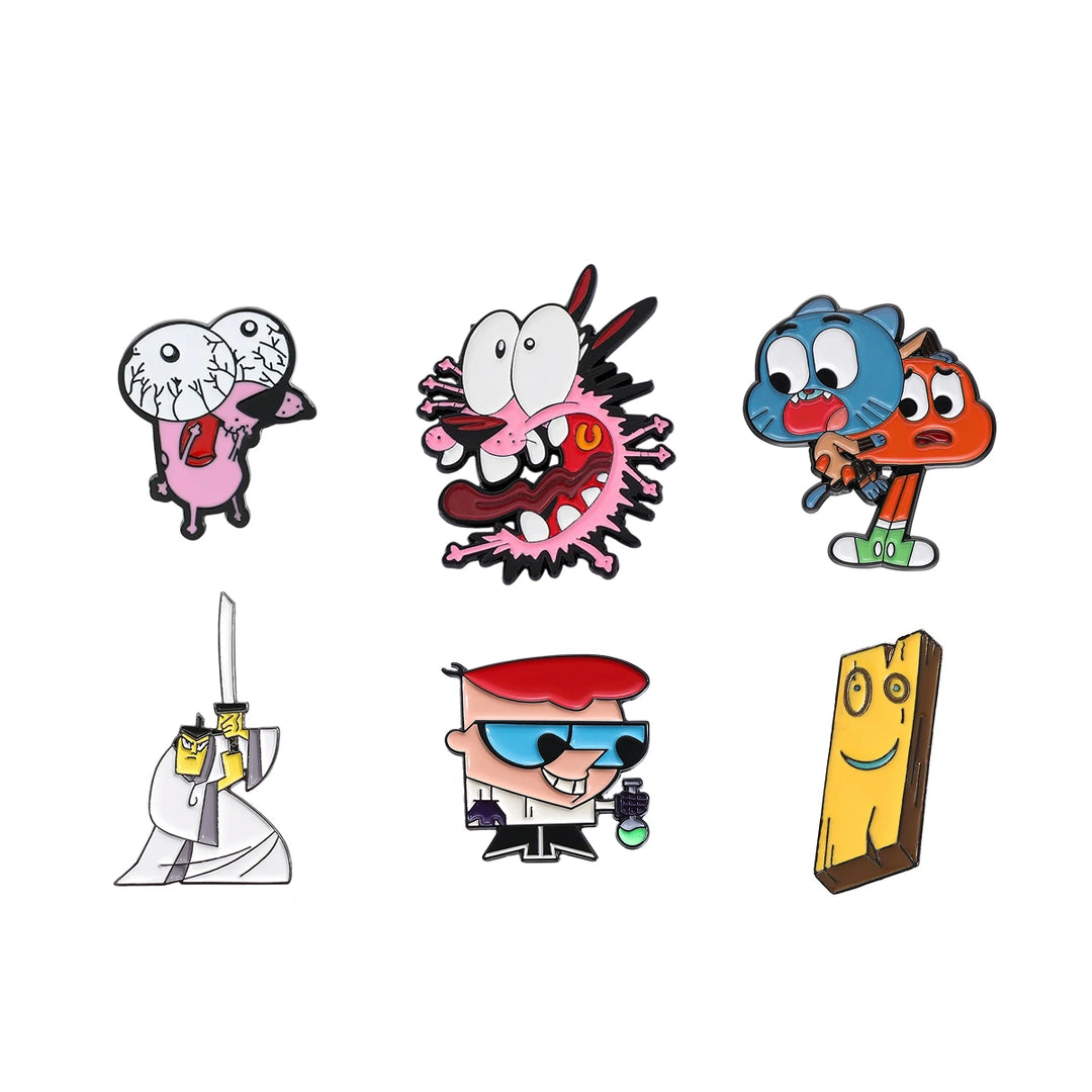 Six cartoon enamel pin designs arranged in a 2x3 grid on a plain white background. The characters include a pink creature with a broken eye, a spiky pink monster with a red eye, a blue creature holding an orange one, a white-robed figure with a sword, a blue-haired character with a red hat and sunglasses, and a yellow smiling wooden plank.