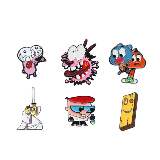 Six cartoon enamel pin designs arranged in a 2x3 grid on a plain white background. The characters include a pink creature with a broken eye, a spiky pink monster with a red eye, a blue creature holding an orange one, a white-robed figure with a sword, a blue-haired character with a red hat and sunglasses, and a yellow smiling wooden plank.