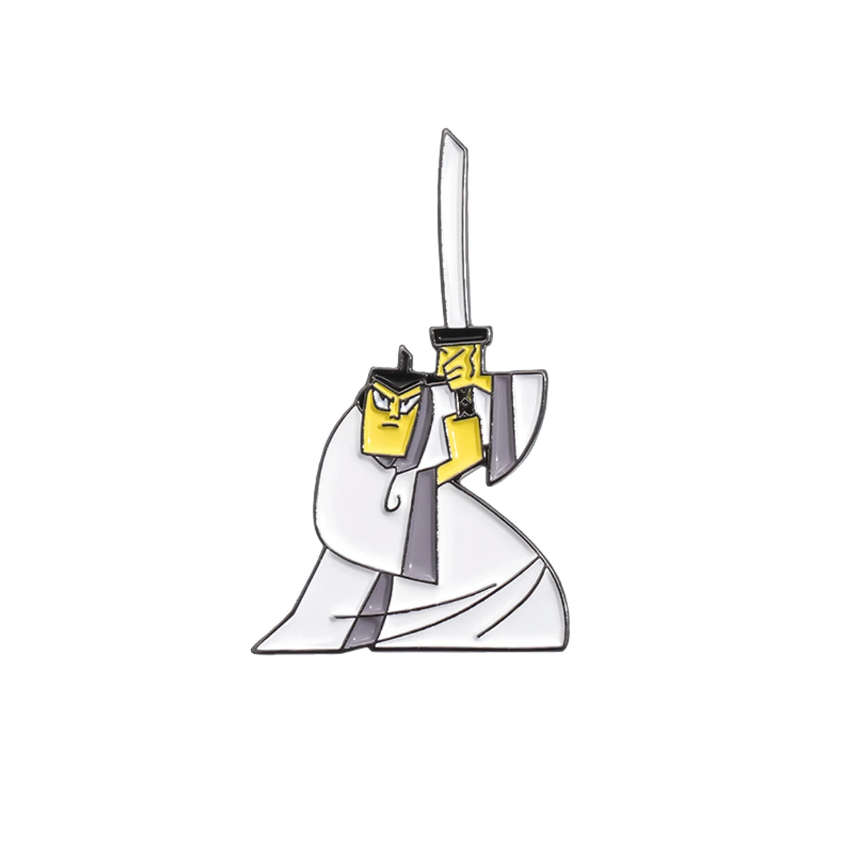 A cartoon-style enamel pin of a samurai warrior holding a sword, featuring a white robe, yellow face and hands, and black hair and outlines, set against a plain white background.