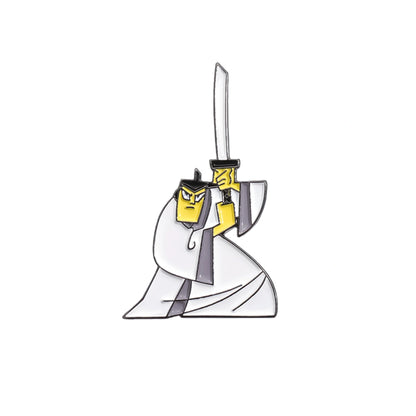 A cartoon-style enamel pin of a samurai warrior holding a sword, featuring a white robe, yellow face and hands, and black hair and outlines, set against a plain white background.