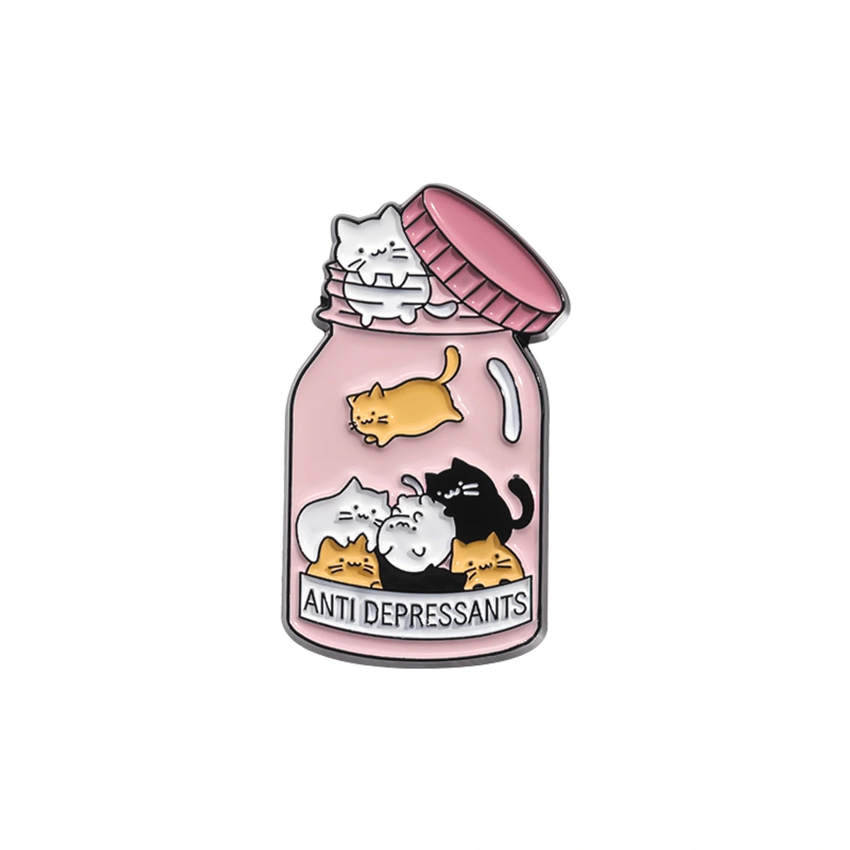 Enamel pin with cartoon cats on a pink 'Anti Depressants' jar against a white background