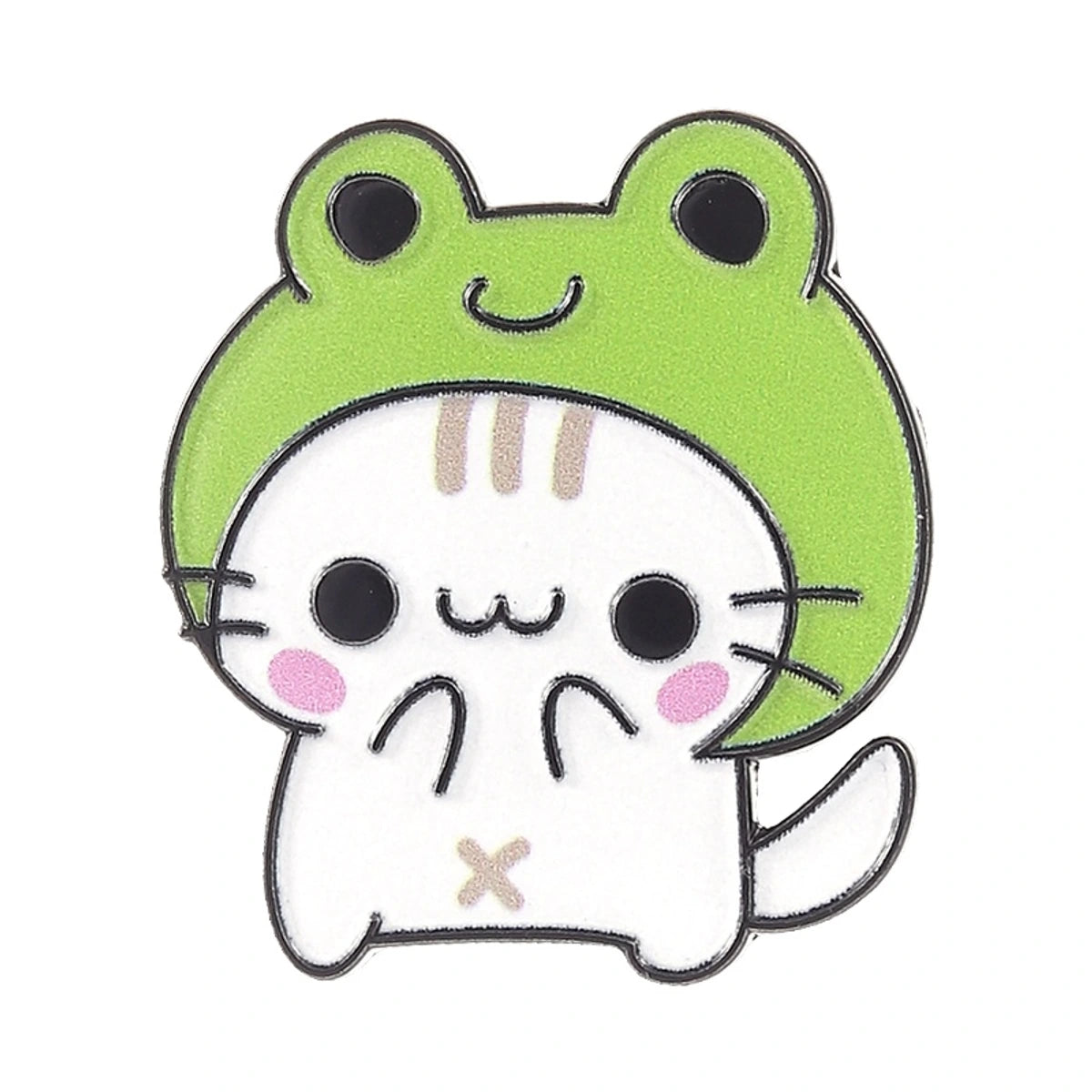A cute enamel pin featuring a white cat wearing a green frog hood, set against a plain white background.