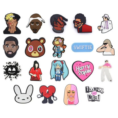 Collection of variously styled celebrity singers pins on a white background