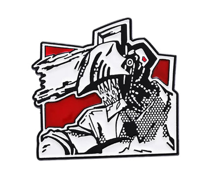 Decorative metal sign with a stylized design of a person holding a gun and a red heart on a white background.