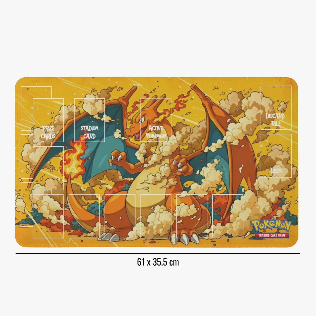 Pokémon trading card game playmat with a dragon-like creature design on a yellow background.