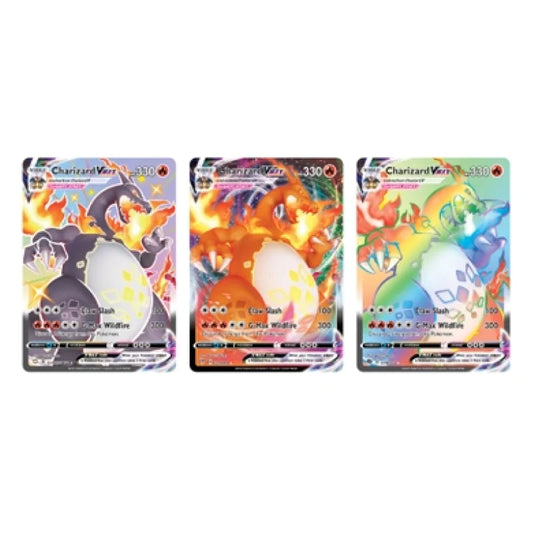 Three Charizard VMAX trading cards on a white background
