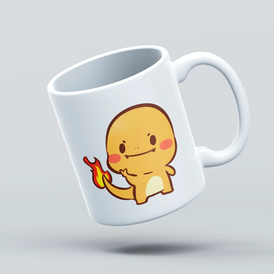 White mug with a cartoon character design on a light gray background