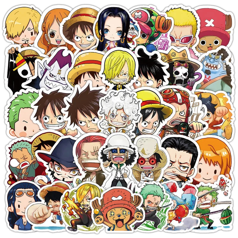 Collection of colorful anime character stickers on a white background