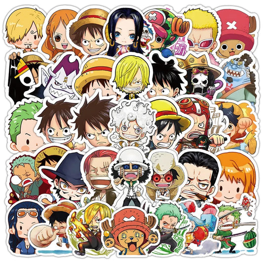 Collection of colorful anime character stickers on a white background