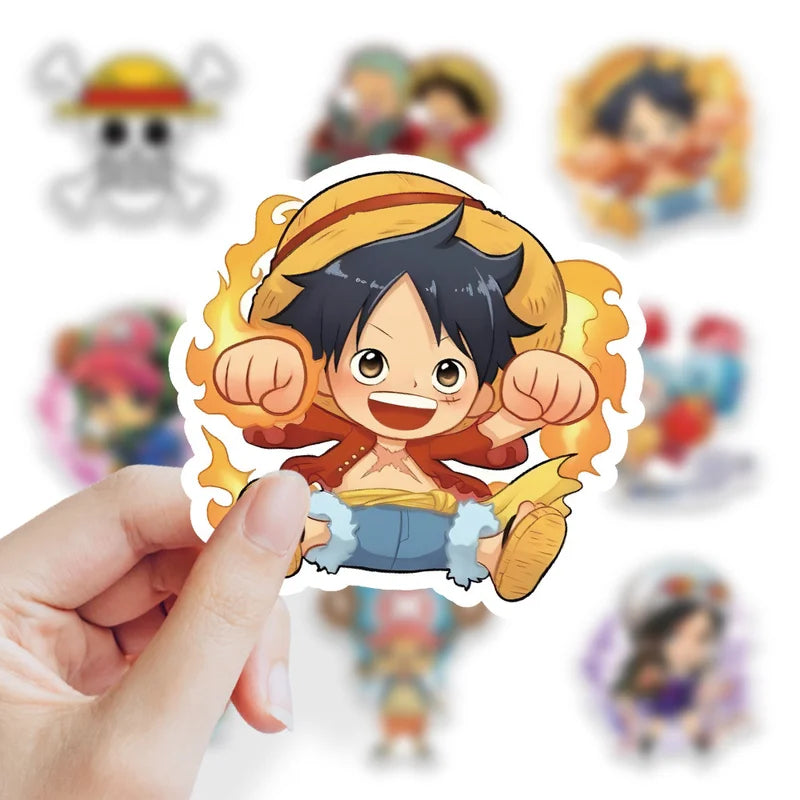 Hand holding a sticker of a cartoon character with other stickers in the background