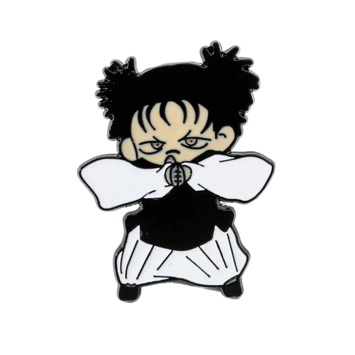 Enamel pin of a character with black hair and white outfit on a white background