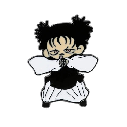 Enamel pin of a character with black hair and white outfit on a white background