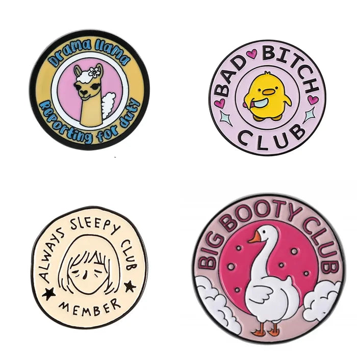 Four round badges with cartoon characters and humorous text on a white background