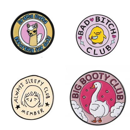 Four round badges with cartoon characters and humorous text on a white background