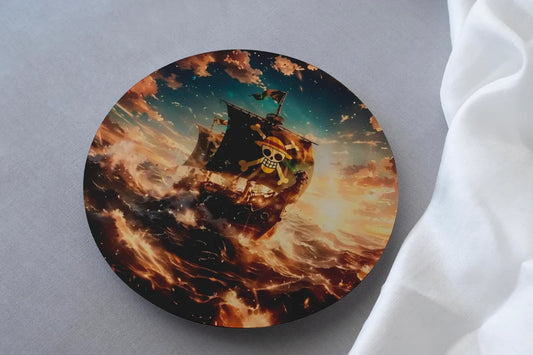 one piece go merry ship print on circular mdf coaster