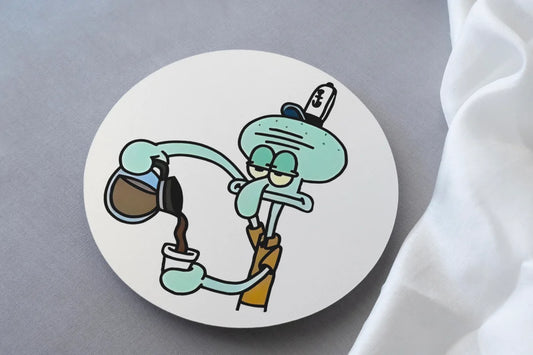 Spongebob Squarepants squidward pouring coffee print on circular mdf coaster